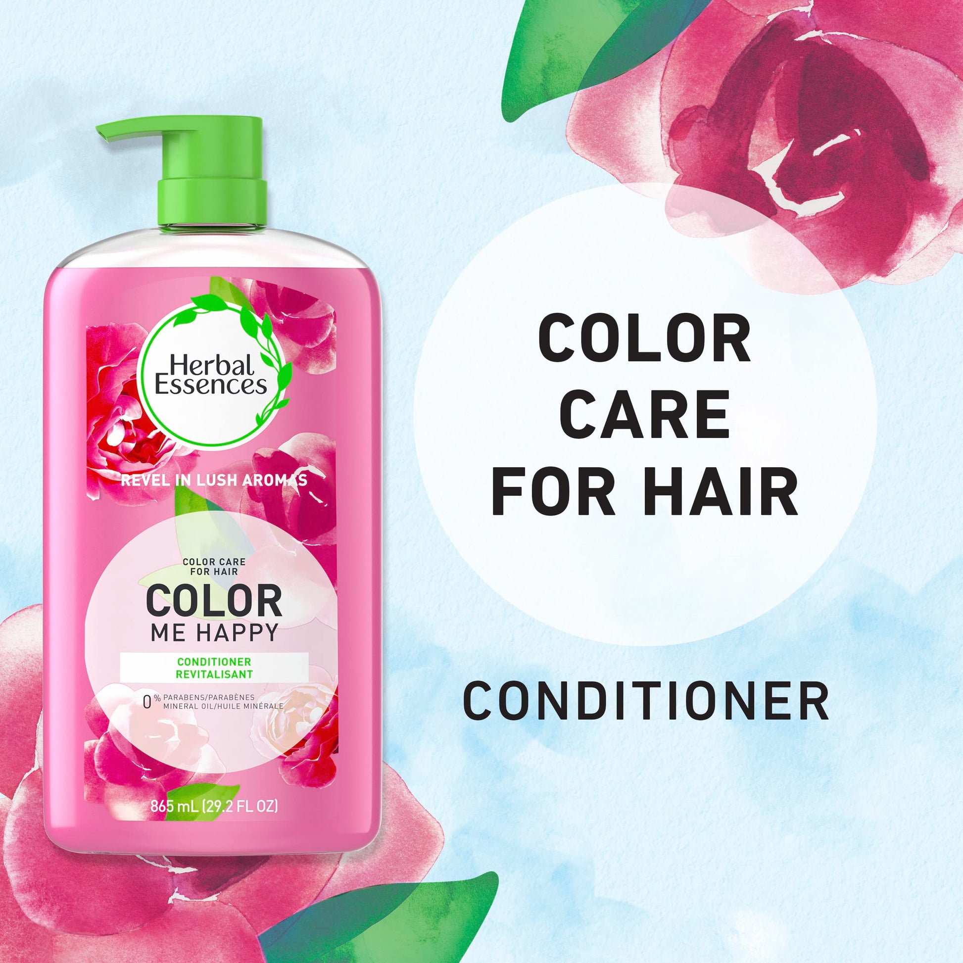 Herbal Essences Color Me Happy Conditioner back panel showing paraben free and ingredient list