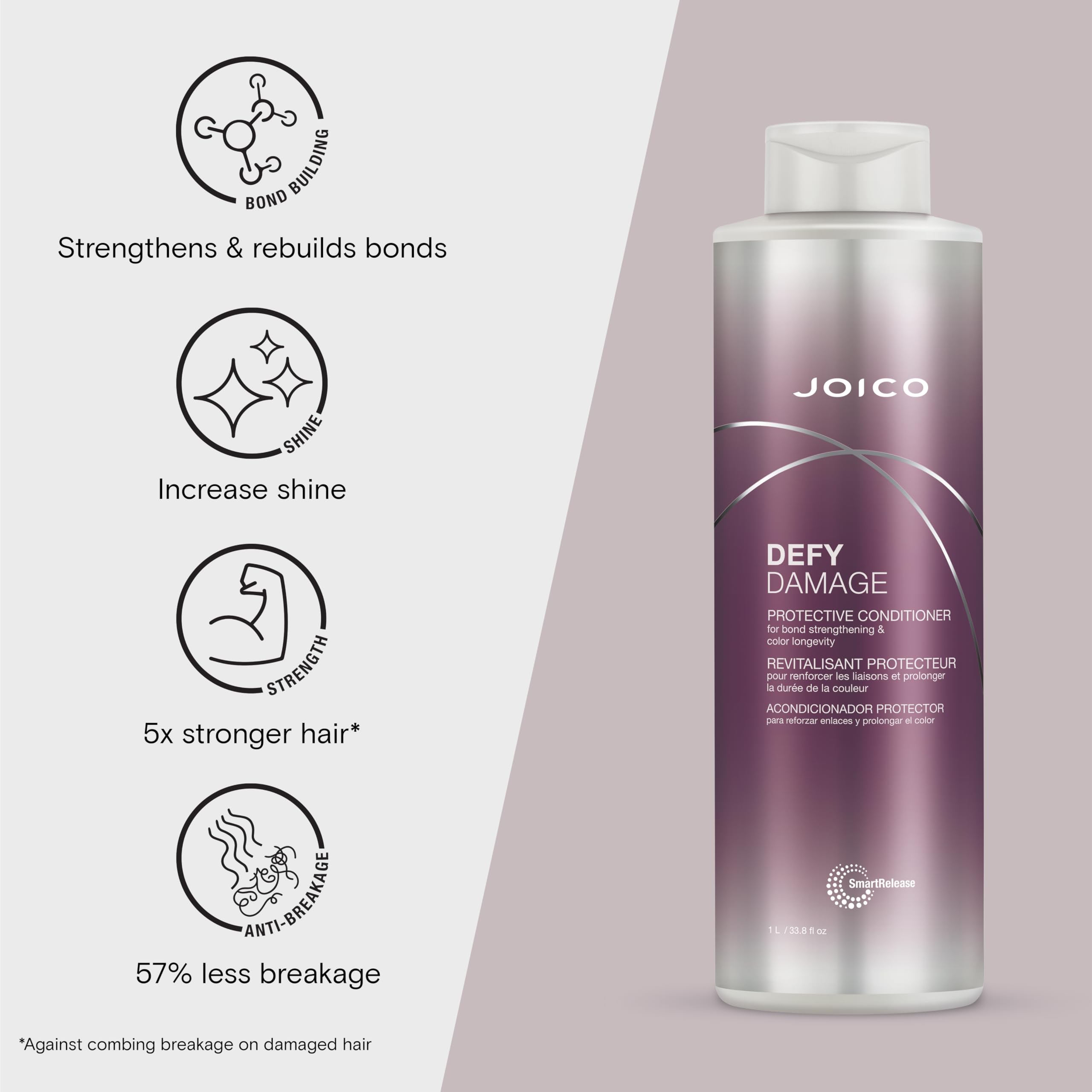 Back label of Joico Defy Damage conditioner showing ingredients and usage instructions