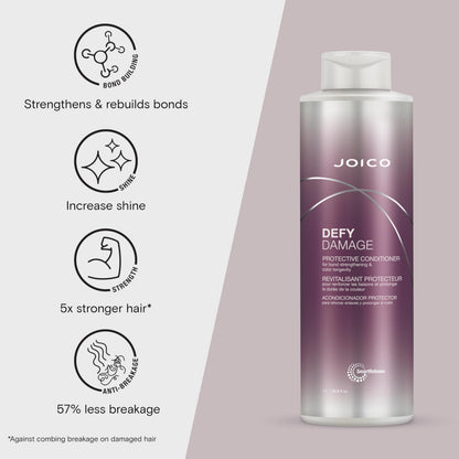 Back label of Joico Defy Damage conditioner showing ingredients and usage instructions