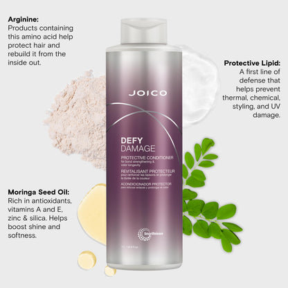 Close up of the pump packaging for Joico Defy Damage professional conditioner