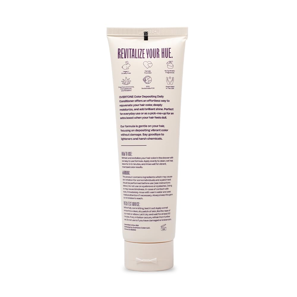 Back of the Overtone Purple for Brown hair conditioner packaging with usage directions and ingredients.