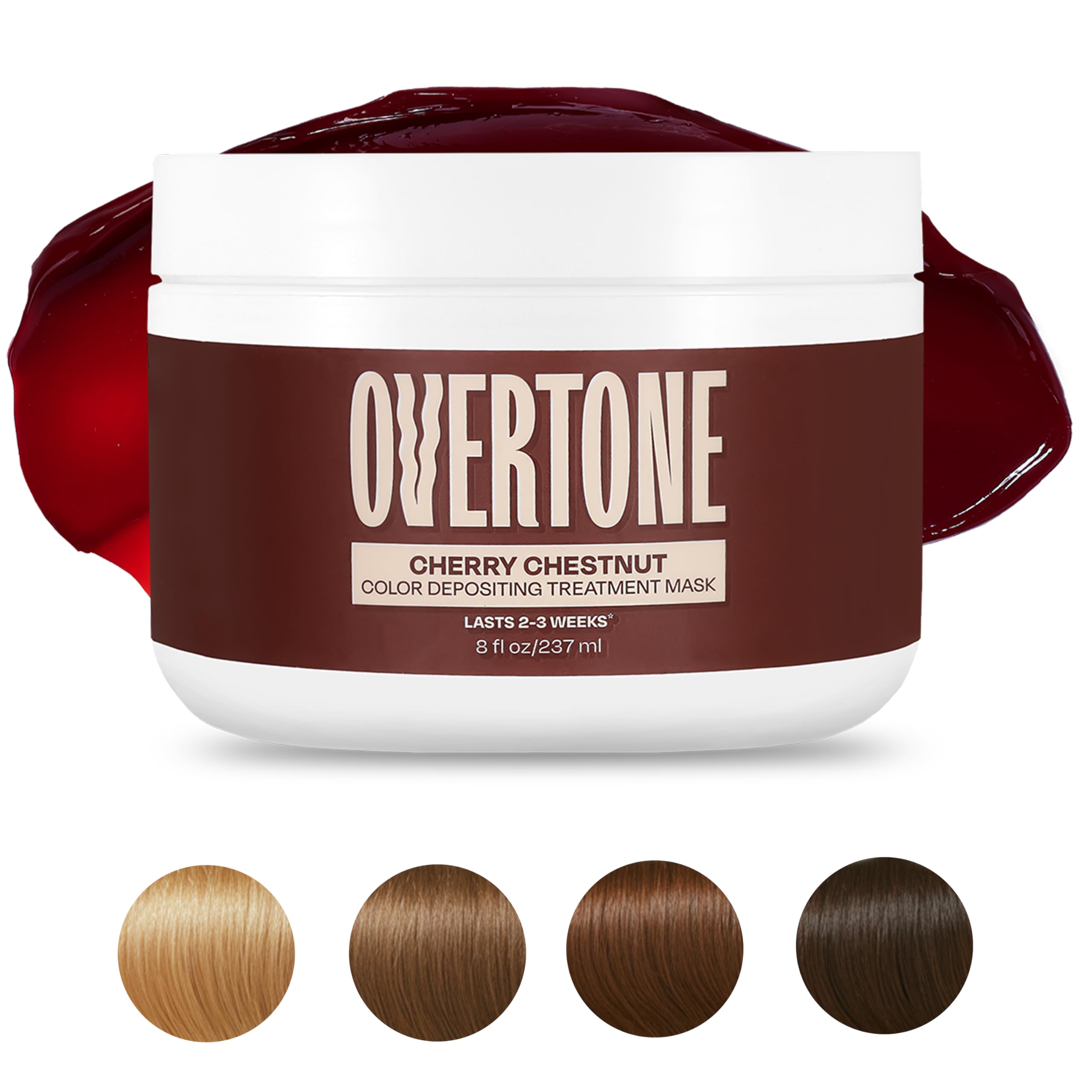 Overtone Cherry Chestnut color depositing treatment mask open container demonstrating the rich red brown cream texture.