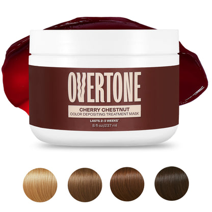 Overtone Cherry Chestnut color depositing treatment mask open container demonstrating the rich red brown cream texture.