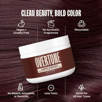 Overtone Cherry Chestnut hair color mask being applied with protective gloves for at home hair toning.