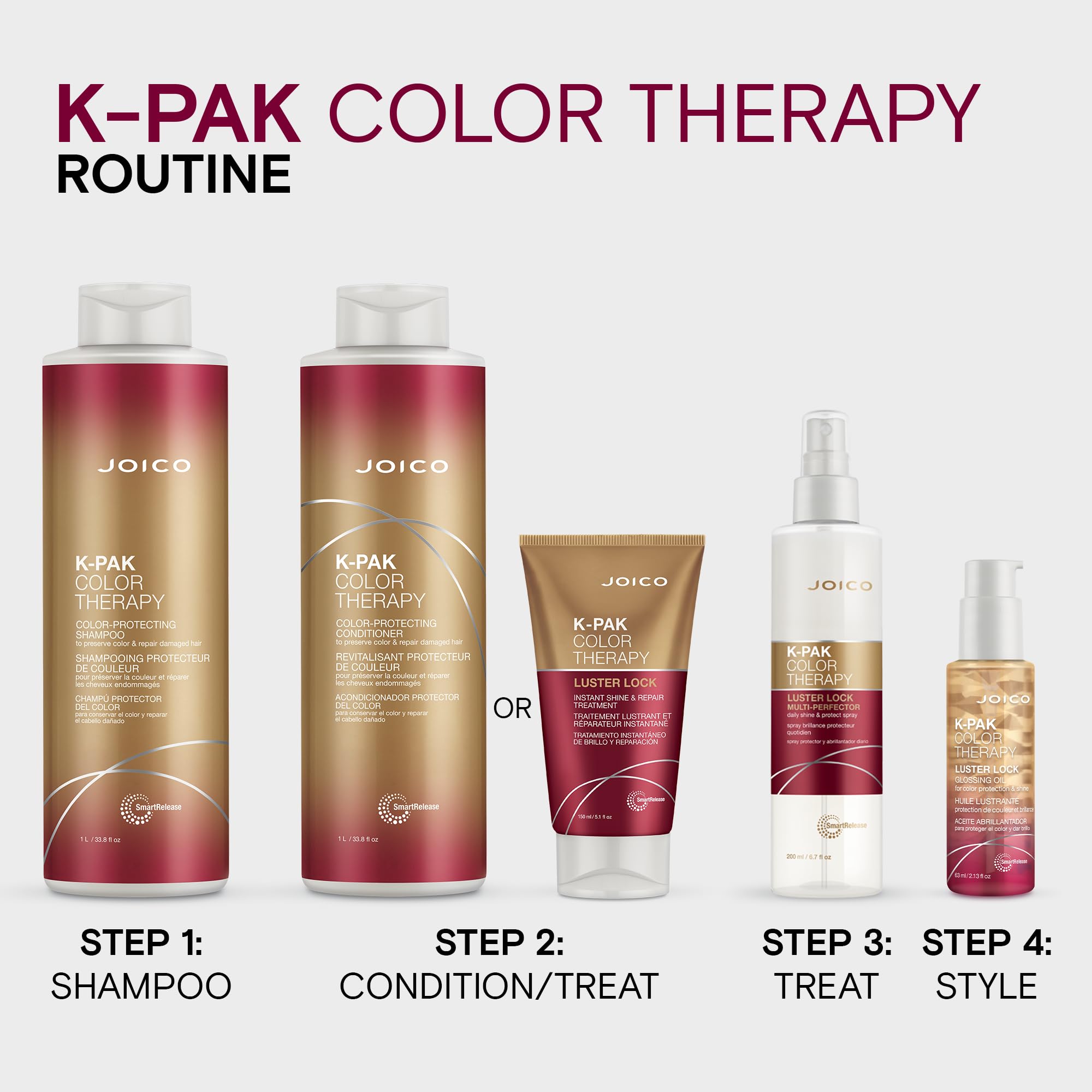 Joico K-PAK Color Therapy formula enriched with Keratin and Argan Oil for damaged hair treatment.