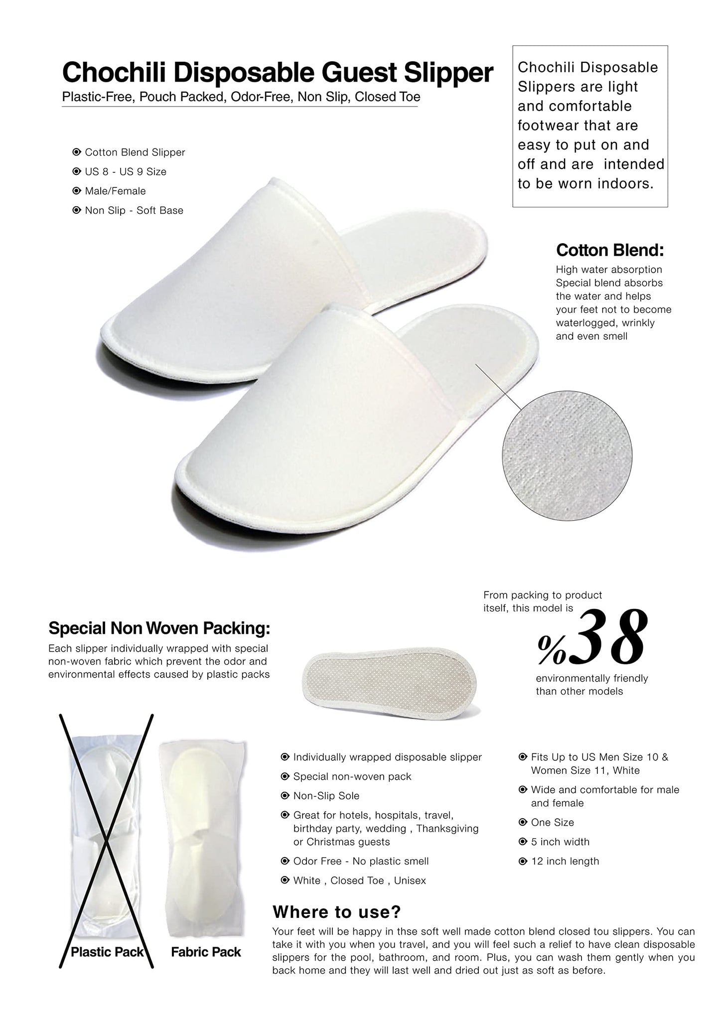 Chochili white closed toe spa slippers individual non woven packaging