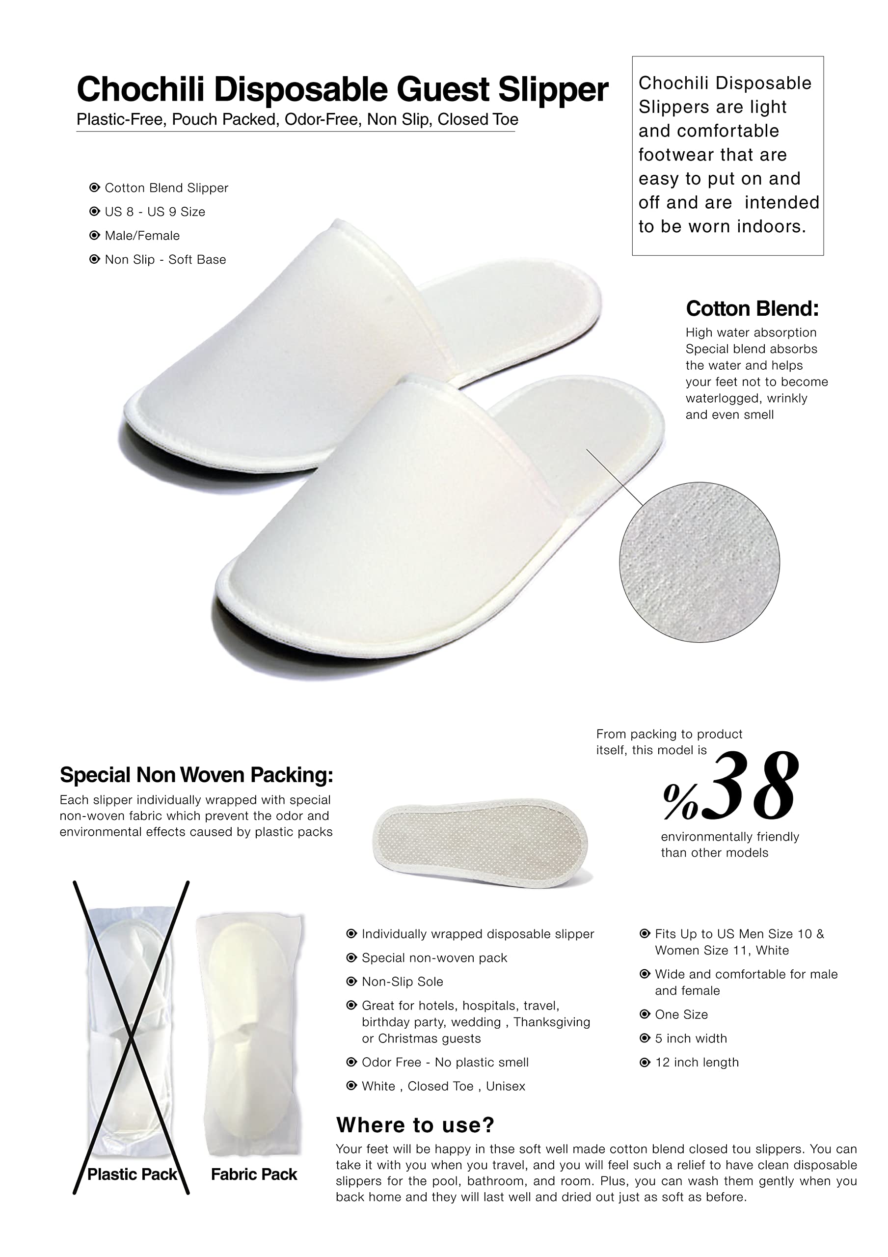 Chochili white closed toe spa slippers individual non woven packaging