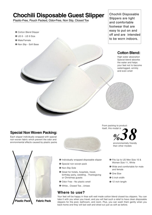 Chochili white closed toe spa slippers individual non woven packaging