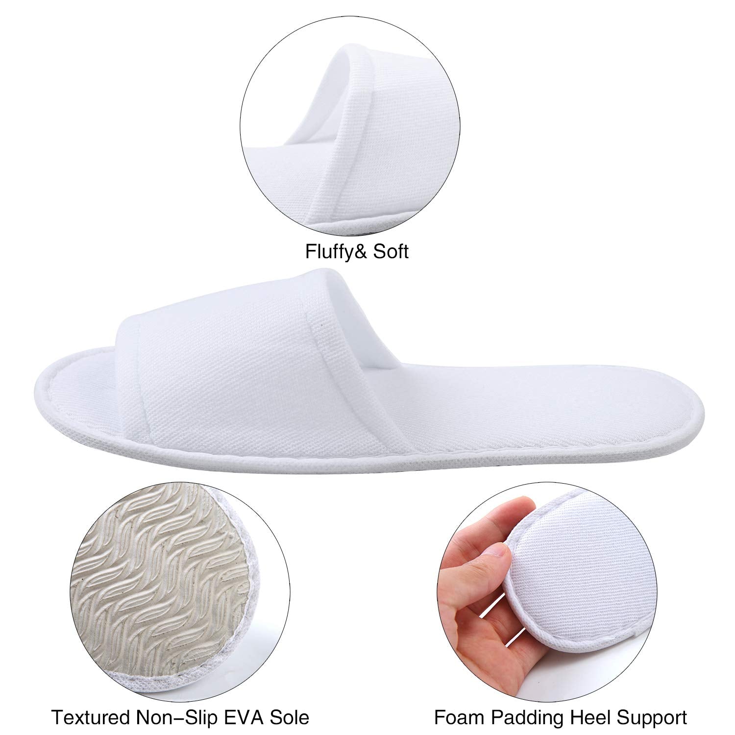 A bulk pack arrangement of twelve pairs of white premium hotel slippers for travel.