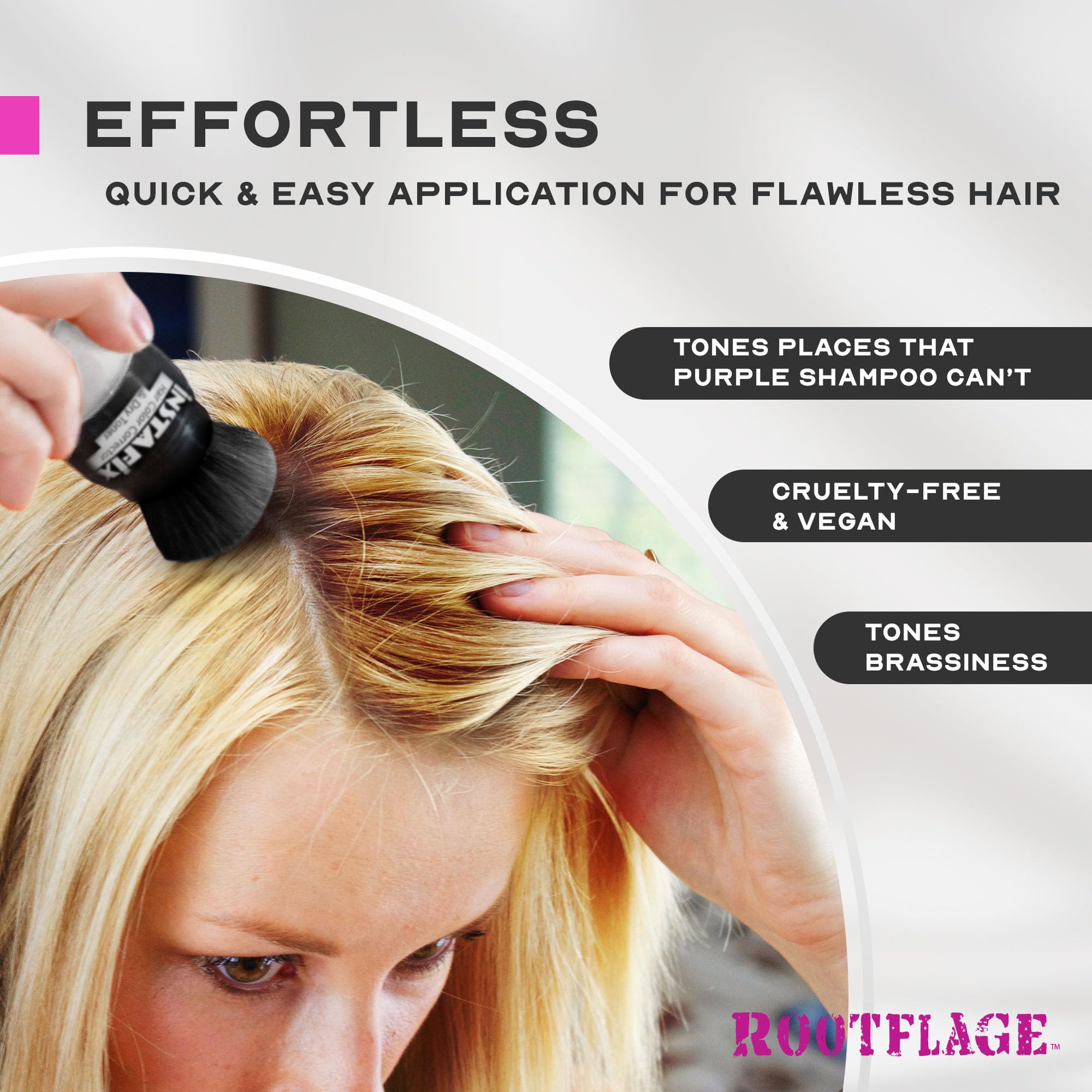 Rootflage Instafix quick fix color corrector packaging details highlighting the waterless blonde hair toner benefits.