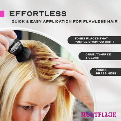Rootflage Instafix quick fix color corrector packaging details highlighting the waterless blonde hair toner benefits.