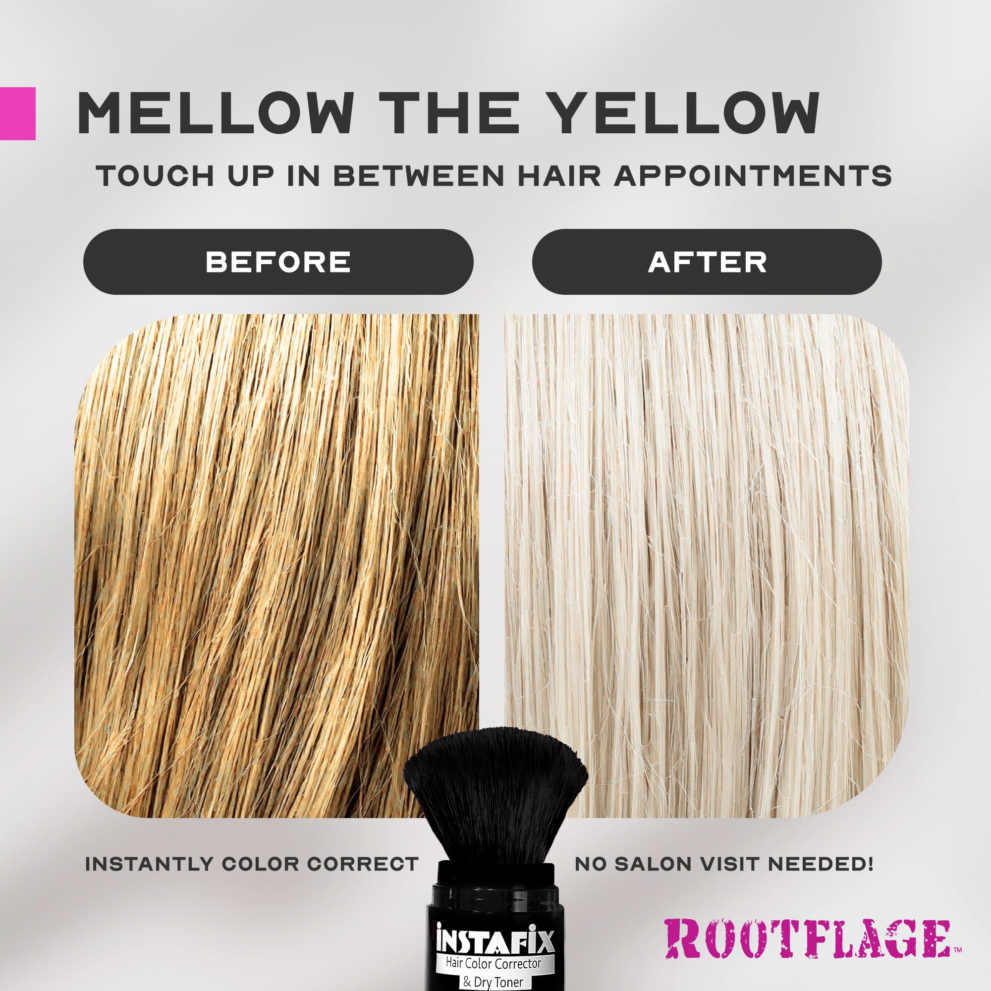 Close-up of Rootflage Platinum Pop temporary hair powder showing the built-in purple-toned dry formula for neutralizing brassiness.