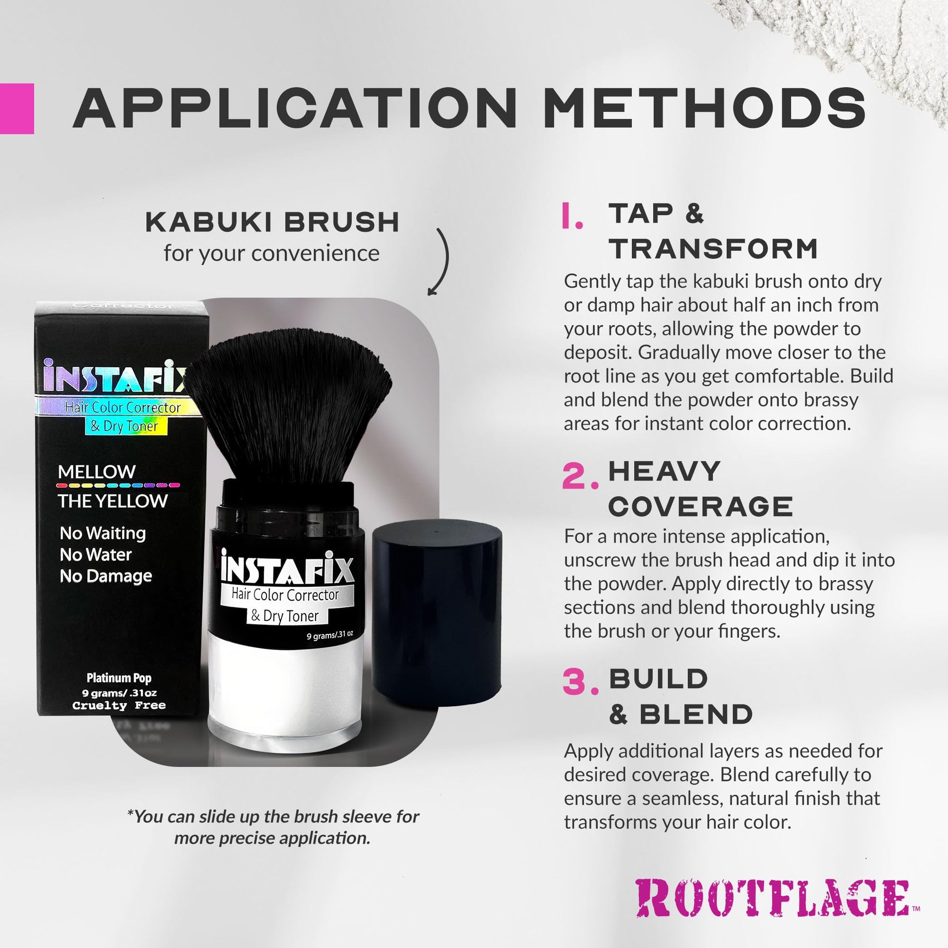 Rootflage Instafix dry toner bottle standing upright demonstrating its portable size for travel-friendly brassy hair touch-ups.