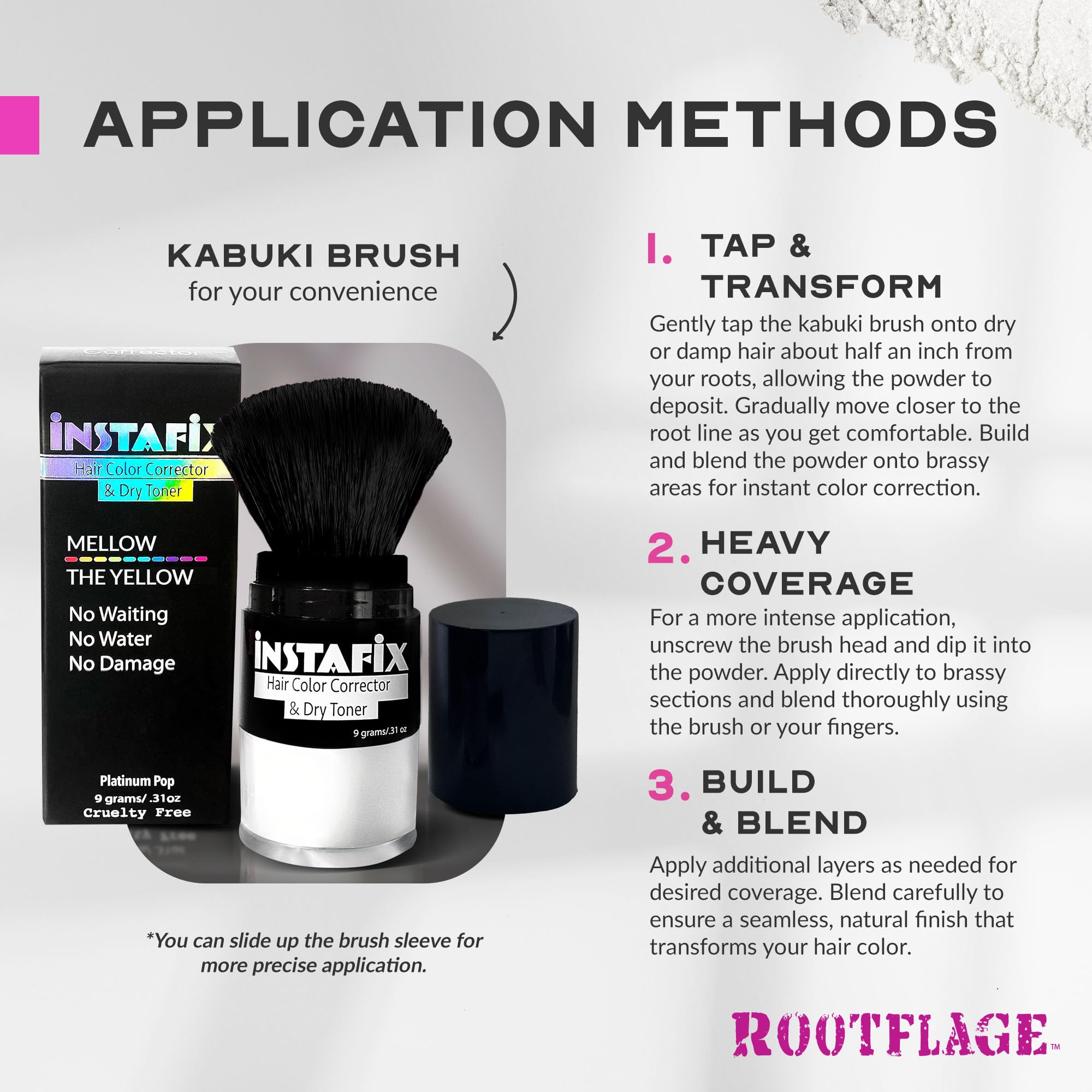 Rootflage Instafix dry toner bottle standing upright demonstrating its portable size for travel-friendly brassy hair touch-ups.