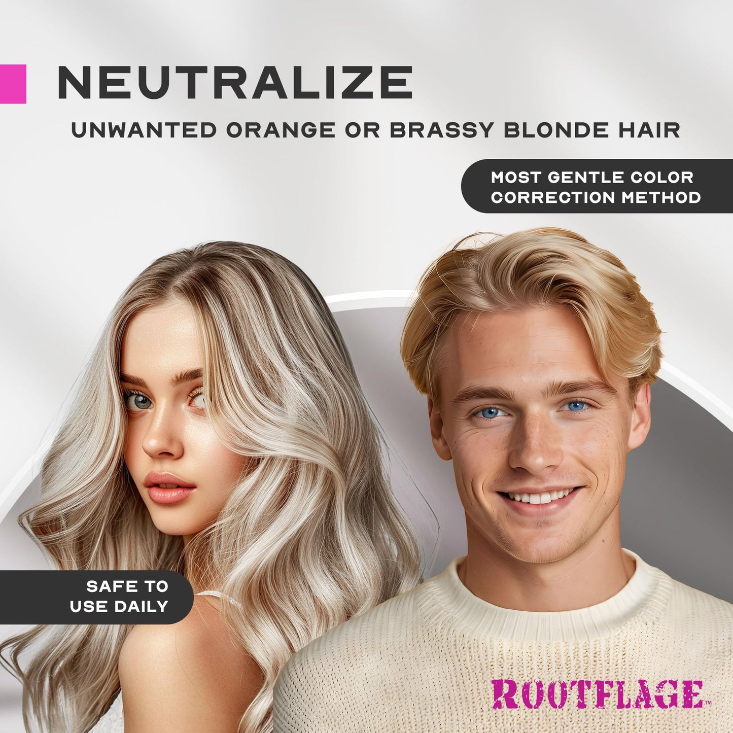 Rootflage Instafix color corrector being applied to blonde hair roots to remove unwanted yellow tones instantly.