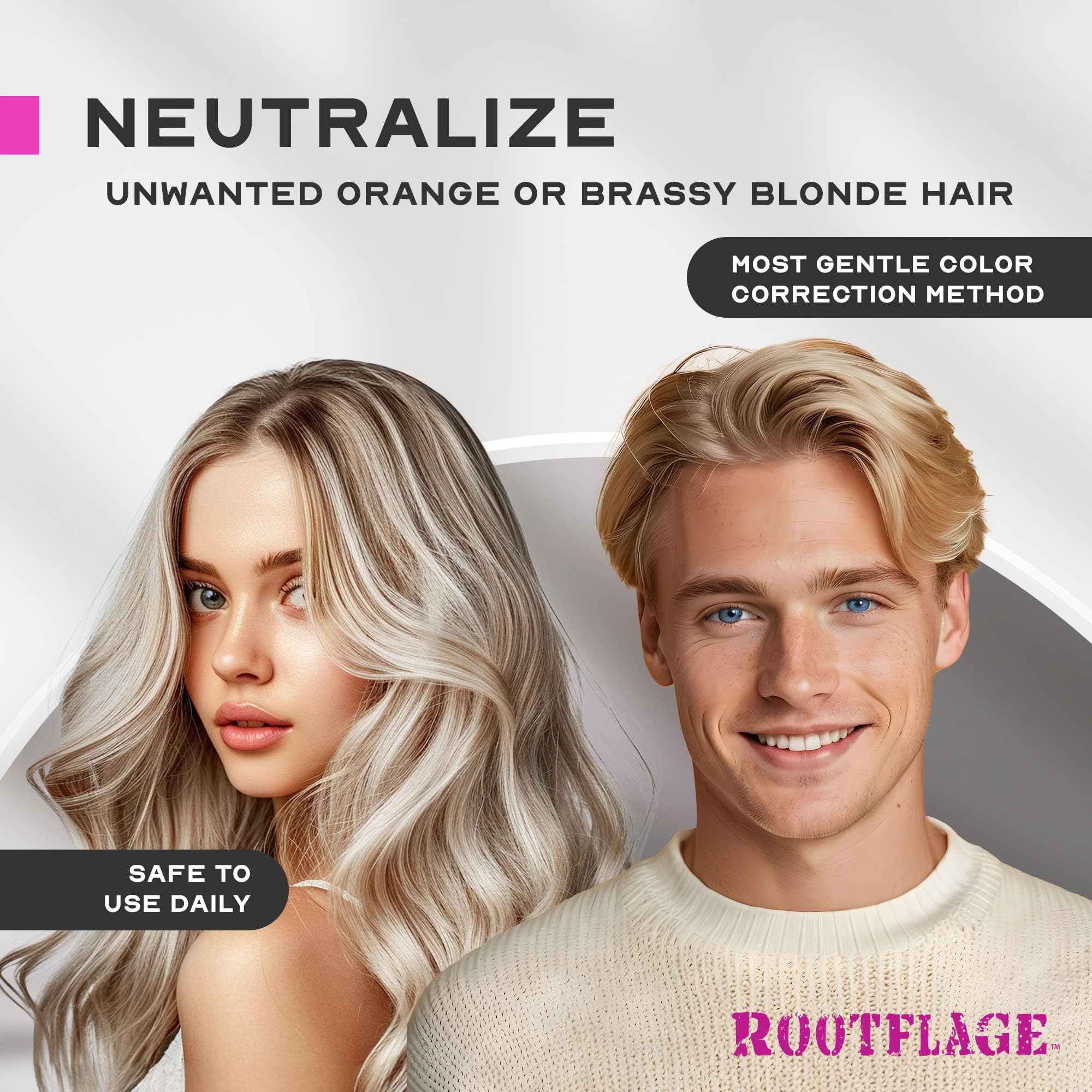 Rootflage Instafix color corrector being applied to blonde hair roots to remove unwanted yellow tones instantly.