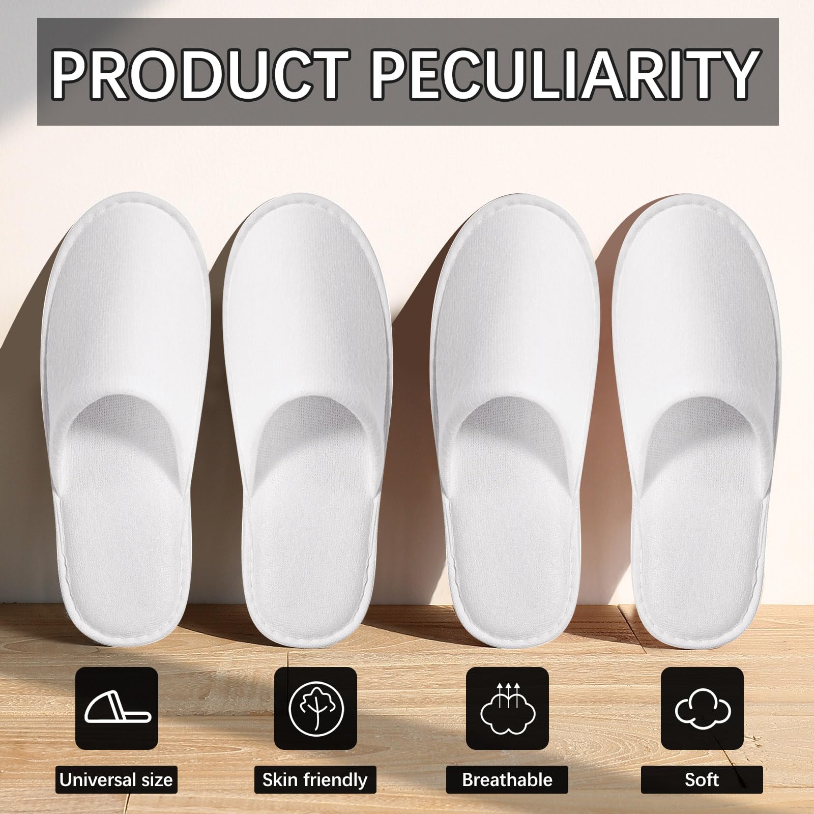 Closed-toe unisex disposable travel slippers in white