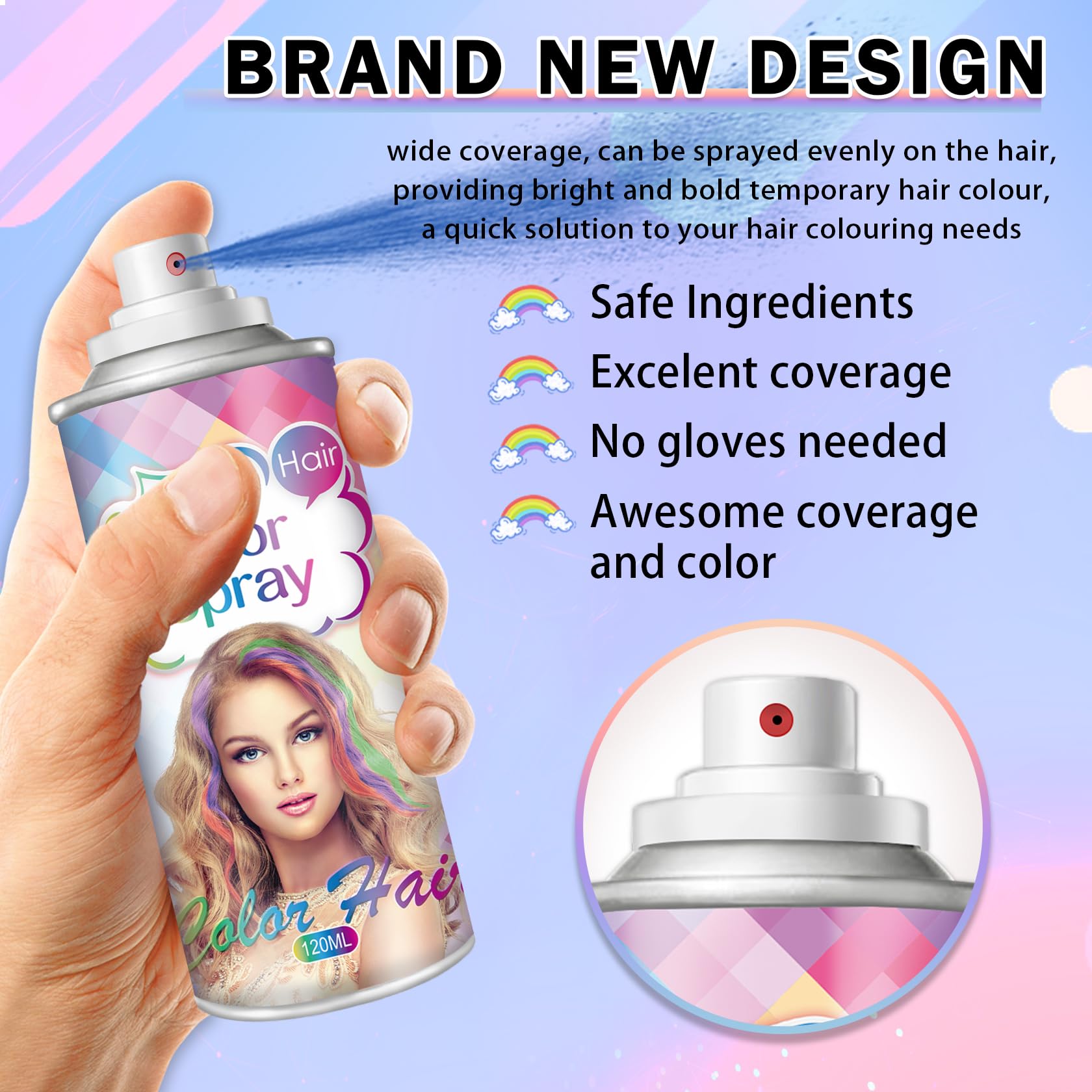 Washable silver gray hair dye spray being applied to styled hair