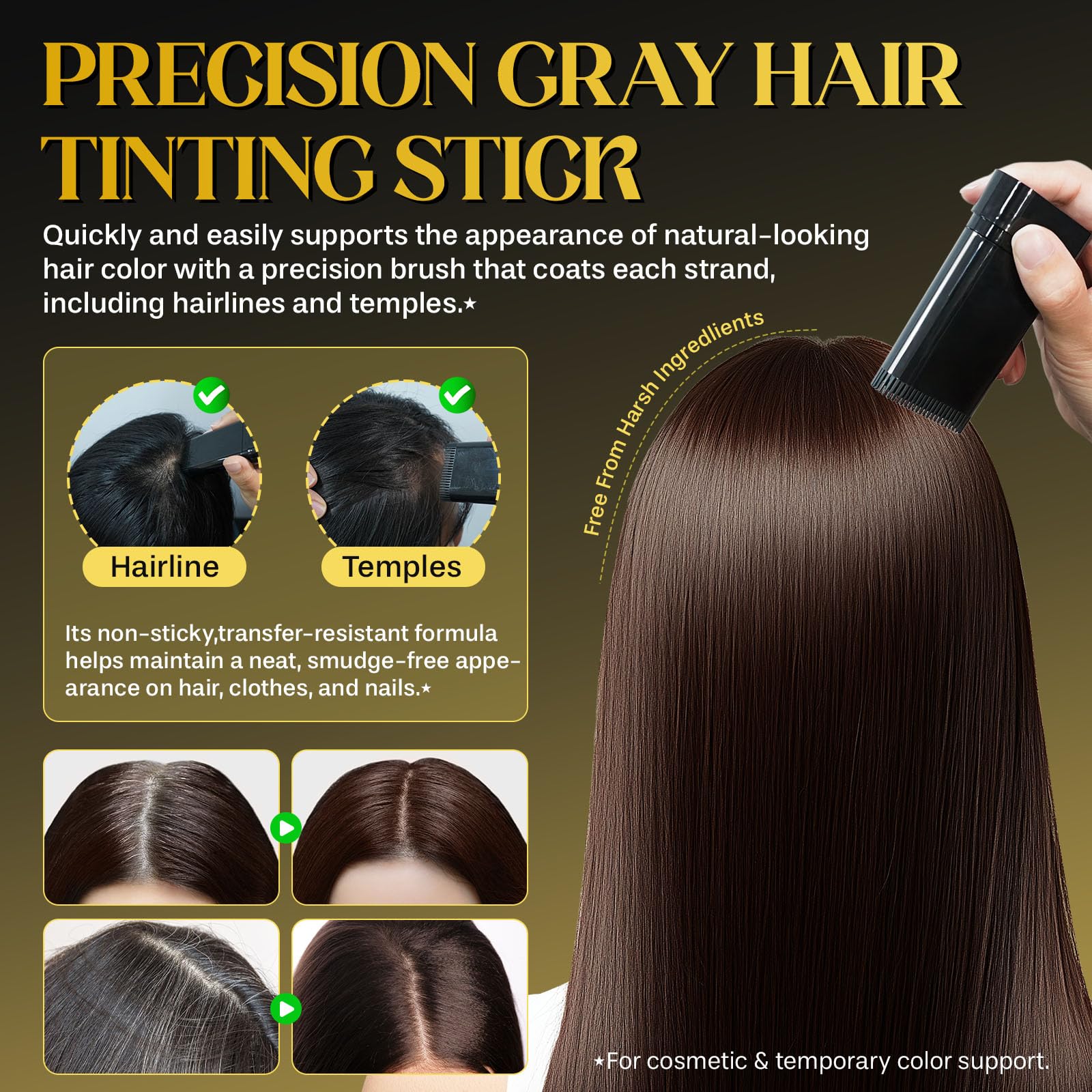 Demonstration of the sweat proof hair color correction stick being held at an angle.
