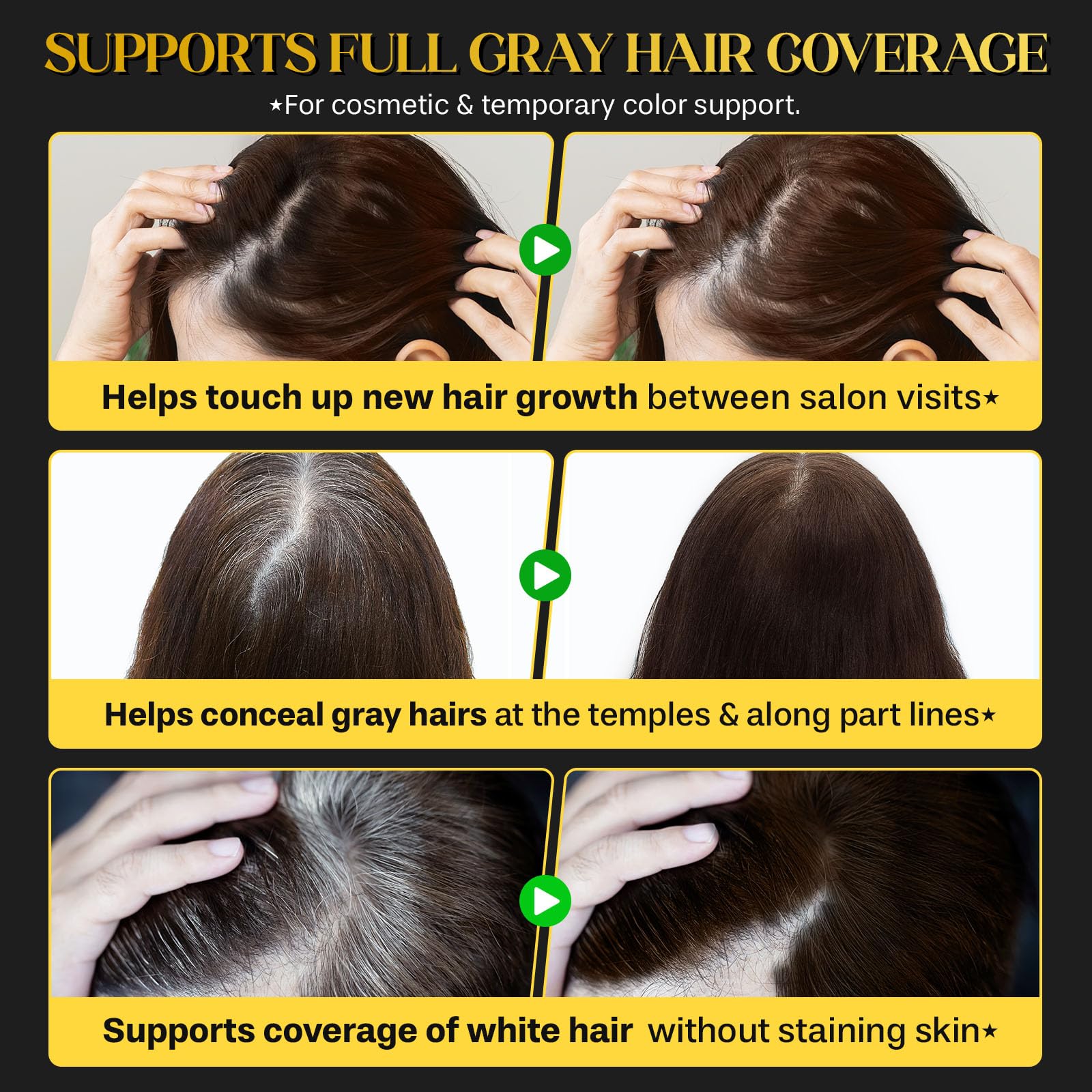 Compact temporary hair dye applicator designed for mess free gray coverage on the go.