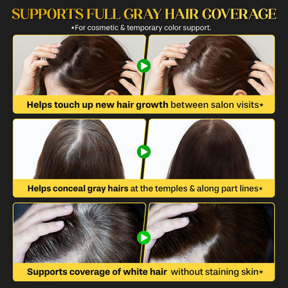 Compact temporary hair dye applicator designed for mess free gray coverage on the go.