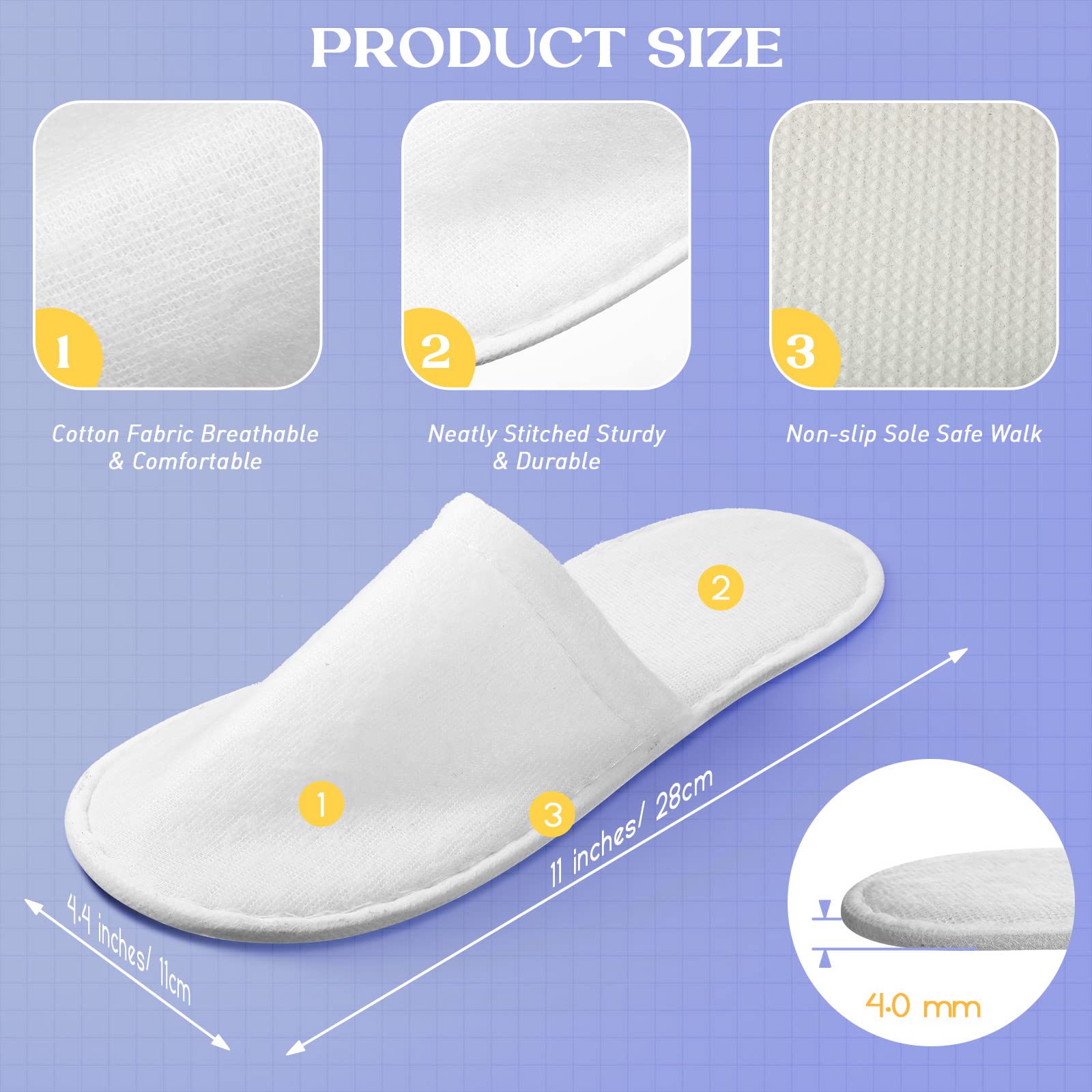 Individually wrapped disposable slippers for wedding guests.