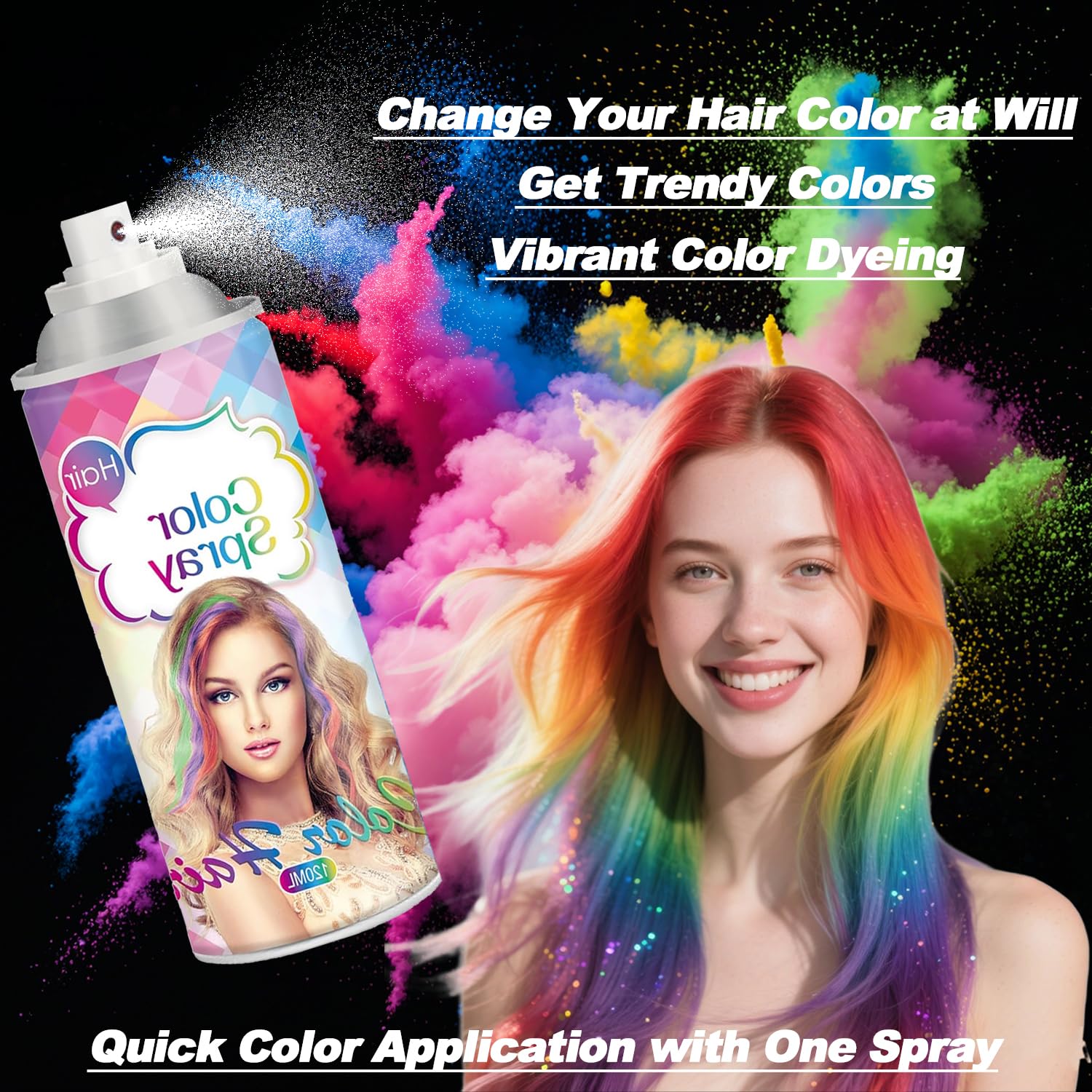 Woman applying PoriaCare red temporary hair spray for costume
