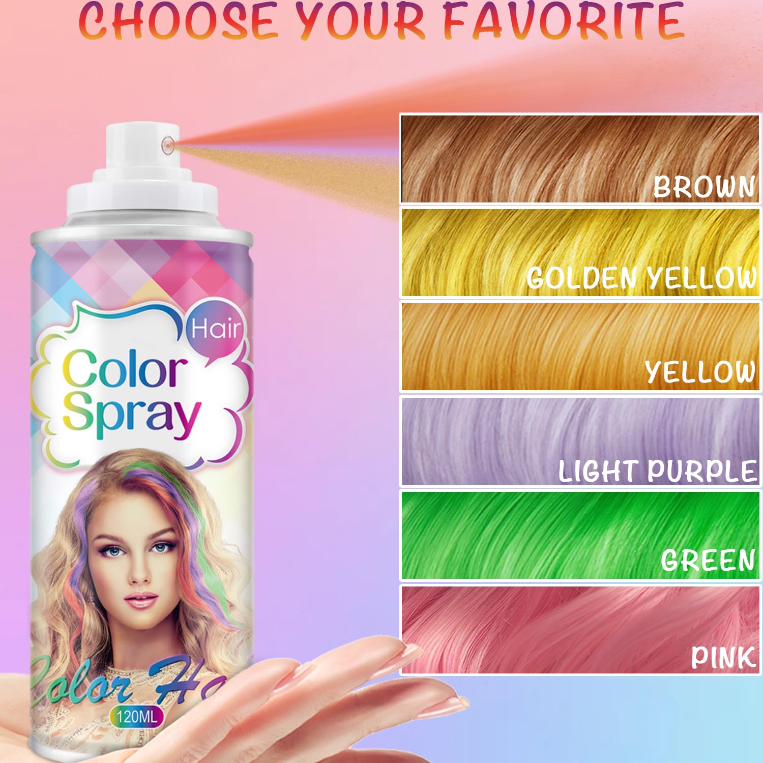 Application of washable hair color spray on hair strands