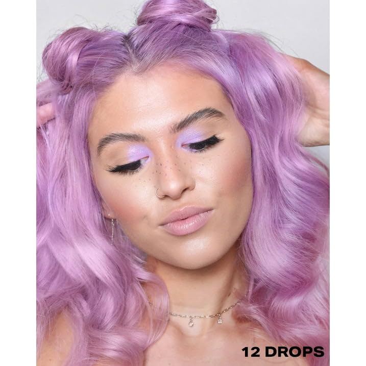 Shrine Drop It purple hair dye bottle next to conditioner