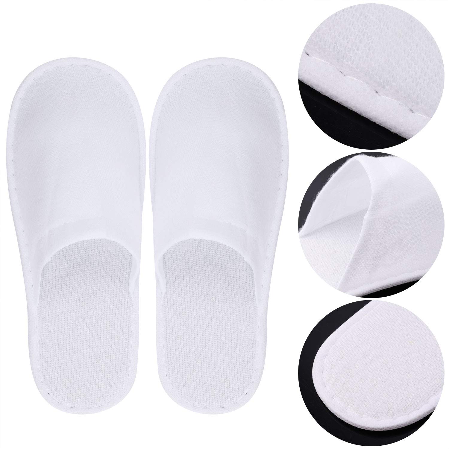 Side angle view of the twenty four pack hotel guest slippers displaying the thick non slip sole.