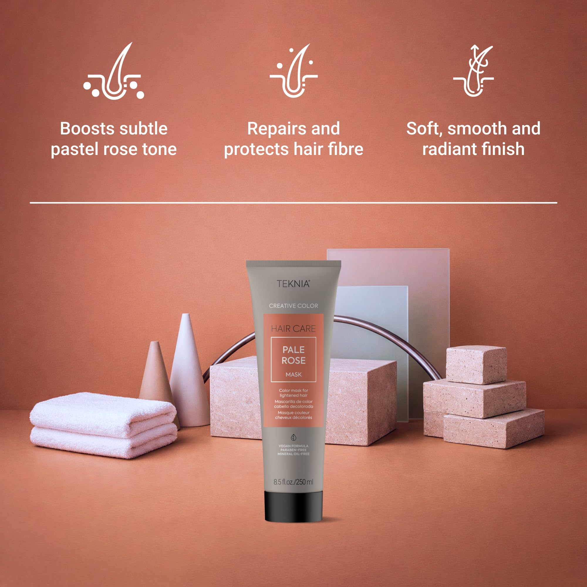 Back of LakmÃ© Teknia Pale Rose hair mask bottle with ingredients