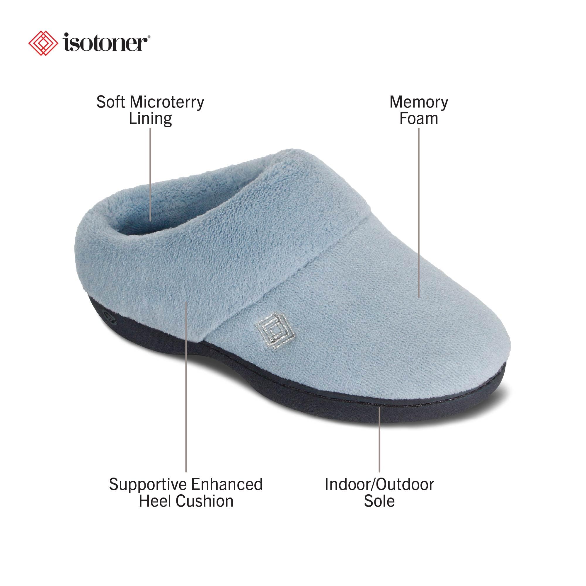 Side profile of Isotoner women's blue memory foam clog slippers