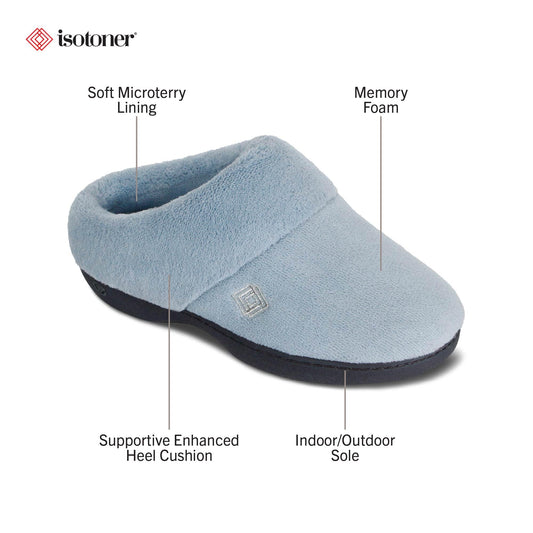 Side profile of Isotoner women's blue memory foam clog slippers