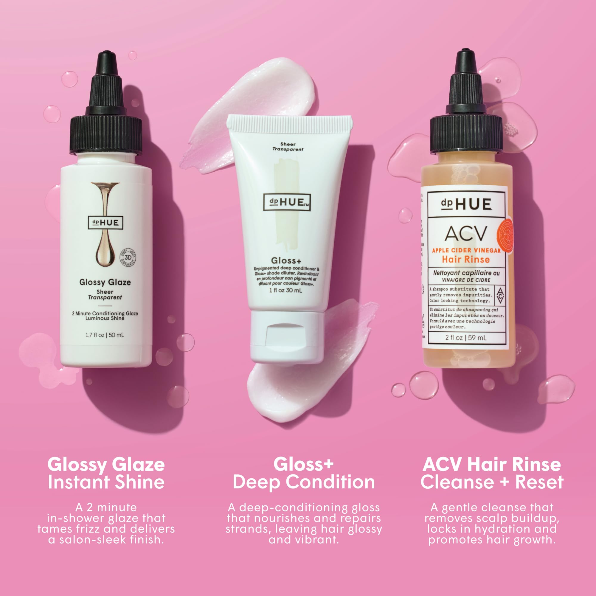 Dphue Glossy Glaze and Gloss+ treatment bottles