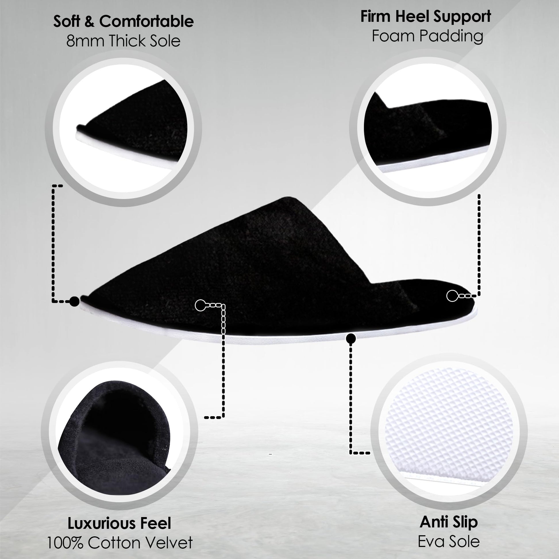 Authentic imported white hotel guest slippers arranged in rows