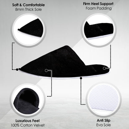 Authentic imported white hotel guest slippers arranged in rows