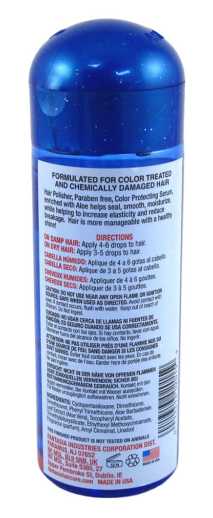 Back of Fantasia Hair Polisher bottle showing ingredients