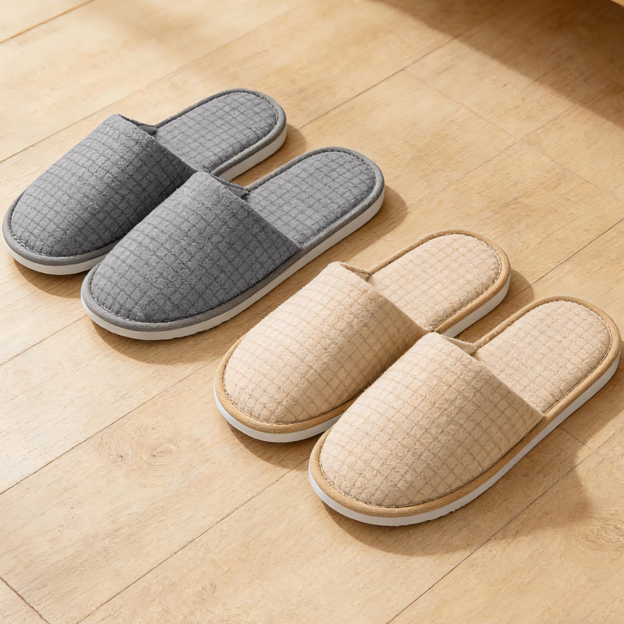 Unisex beige and grey disposable spa slippers for hotel guests