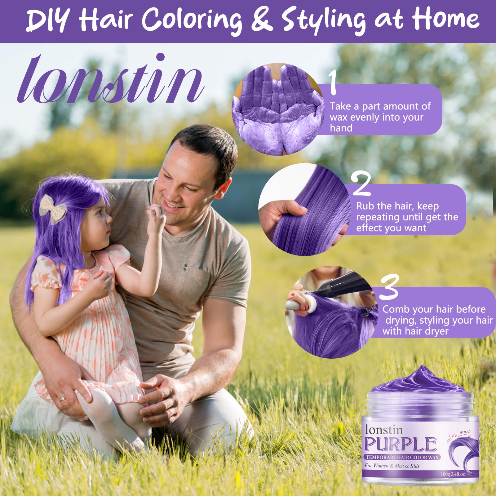 Lonstin purple hair dye wax jar open showing texture
