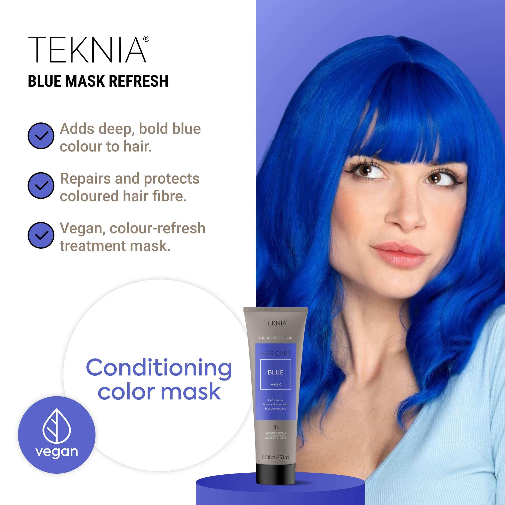 Side view of LakmÃ© Teknia blue hair mask tube
