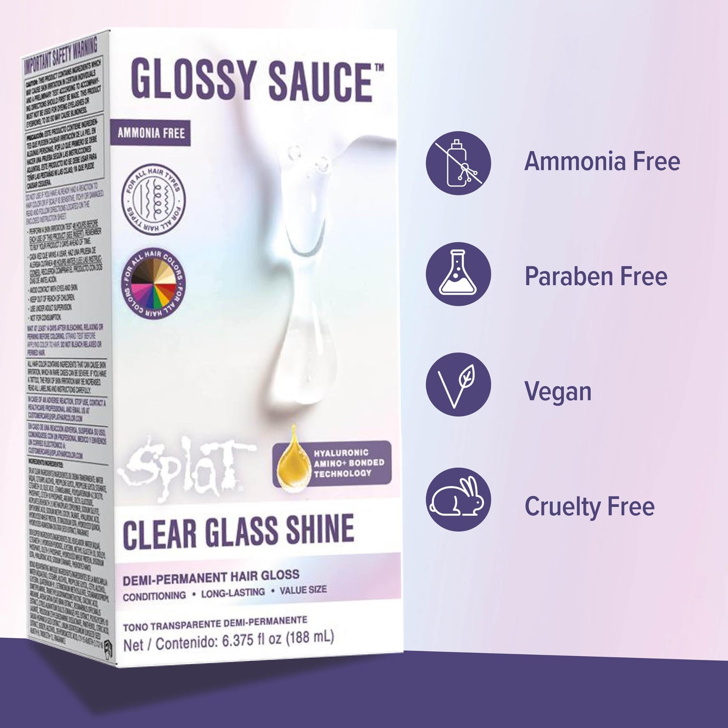 Splat Glossy Sauce product bottle with professional hair care logo