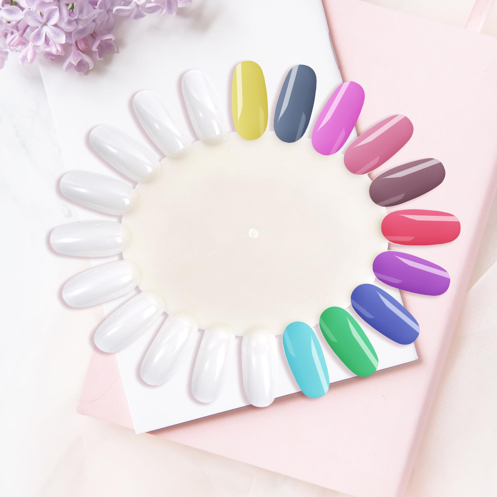 Close up of false nail tips on a display wheel