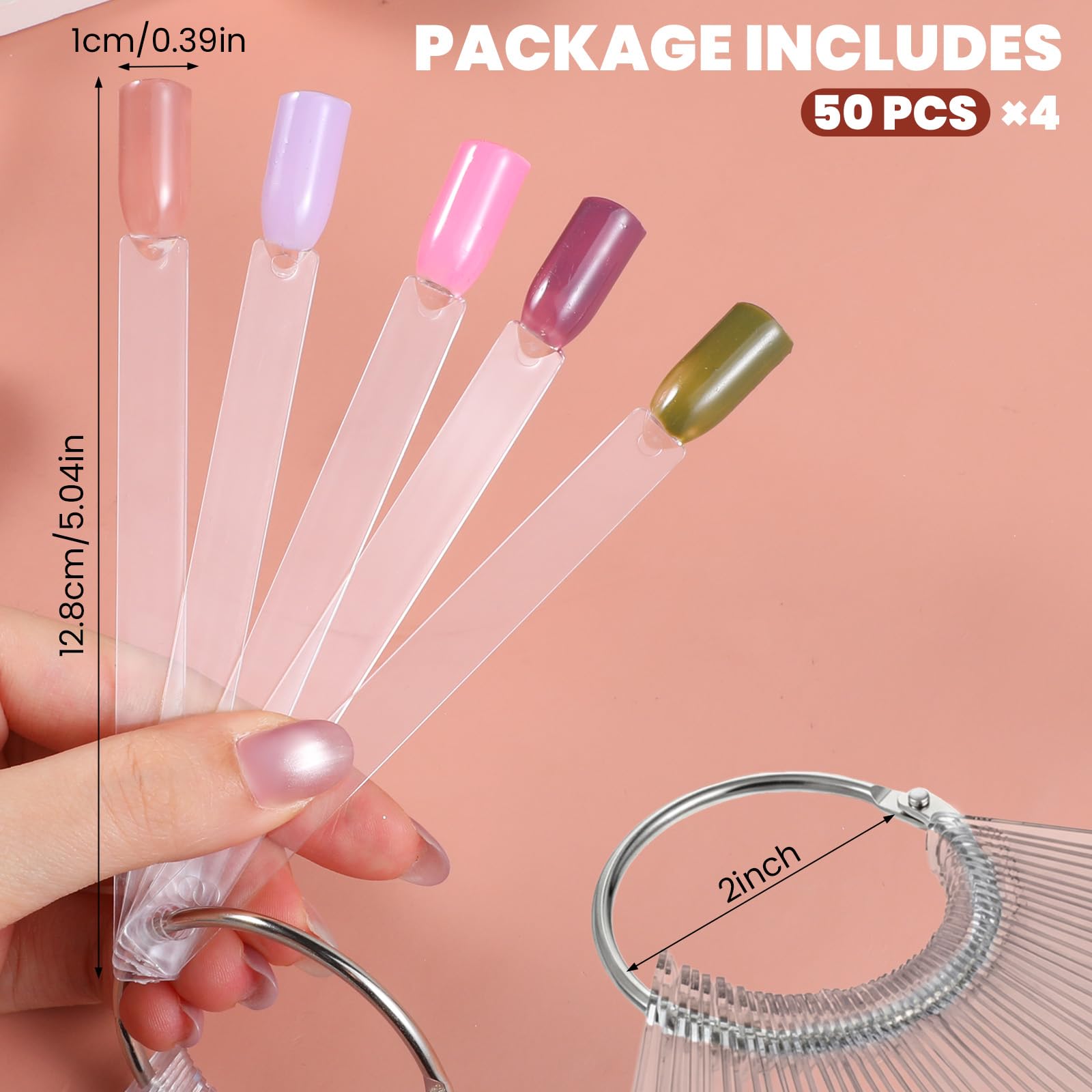 Transparent nail swatch sticks fanned out on metal rings
