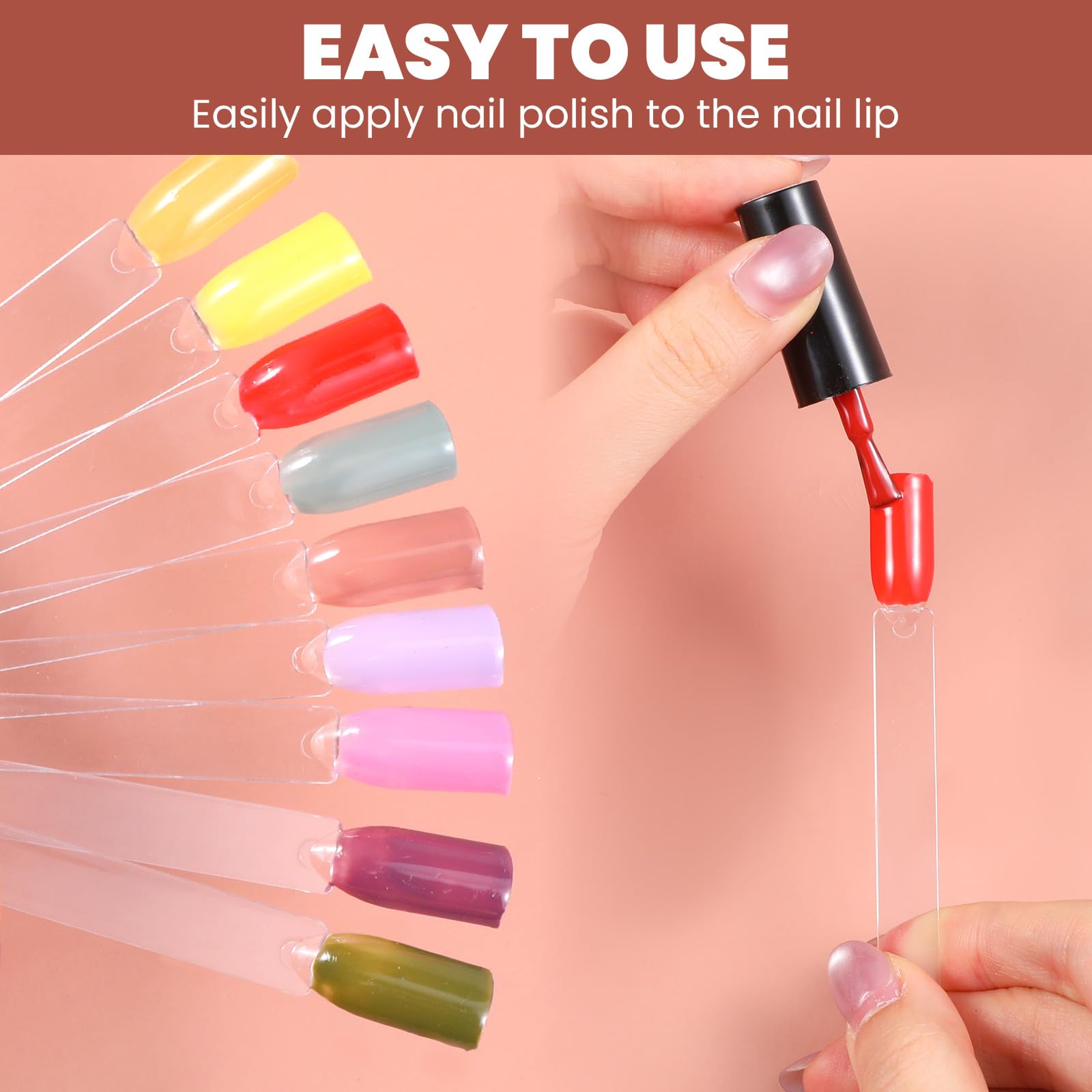 Nail polish swatch sticks organized for color display