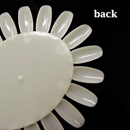 Hand holding plastic nail swatch wheel for color testing