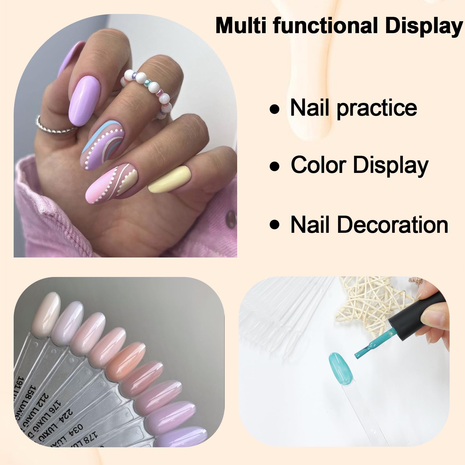 Hand holding Siusio nail swatch sticks showing polish colors