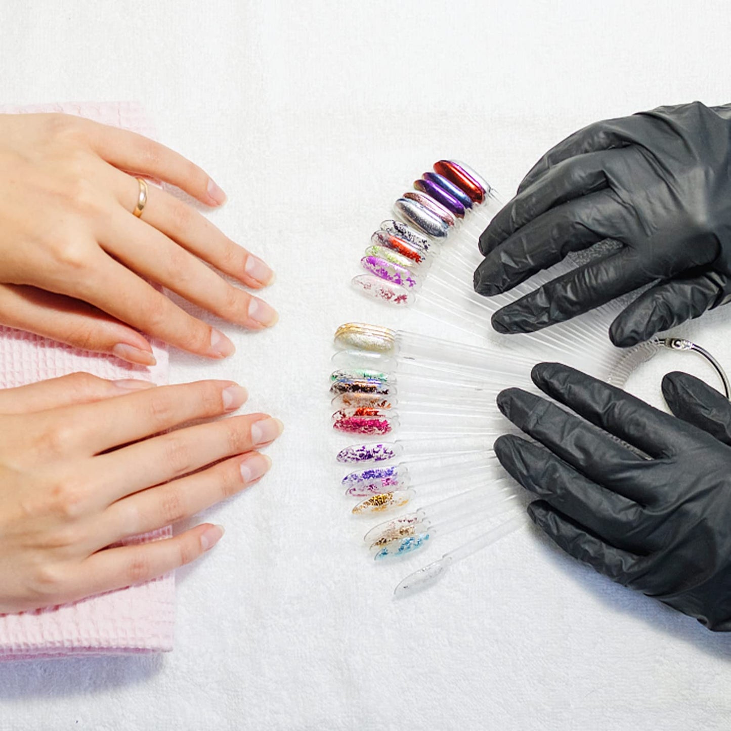 Organized nail polish color display sticks with metal ring