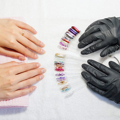 Organized nail polish color display sticks with metal ring