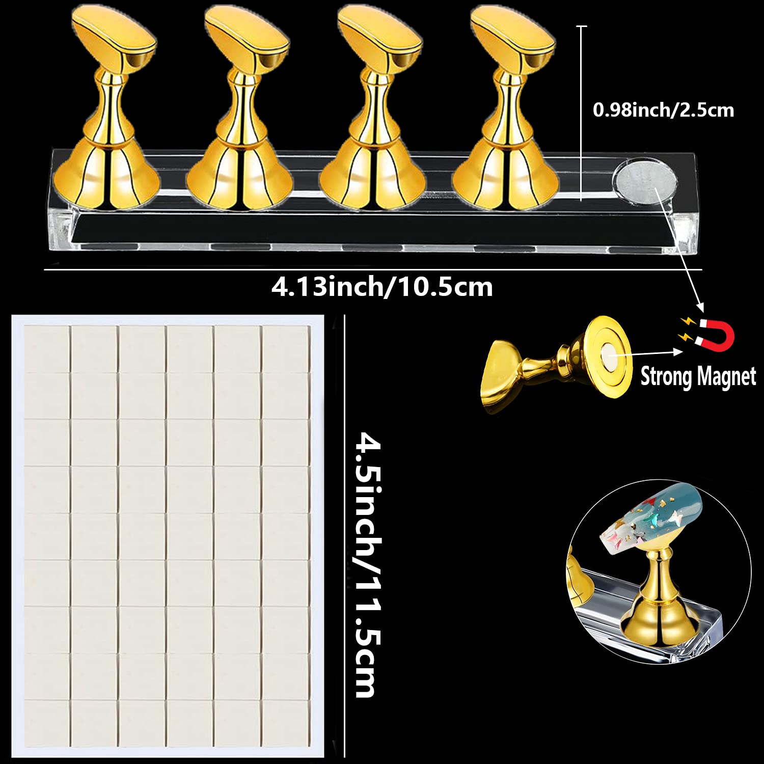 Magnetic nail tip holders with gold and silver finish on acrylic display base