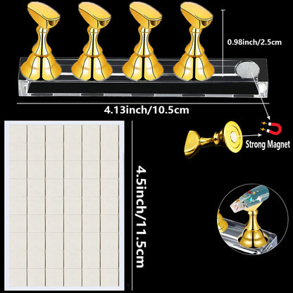 Magnetic nail tip holders with gold and silver finish on acrylic display base